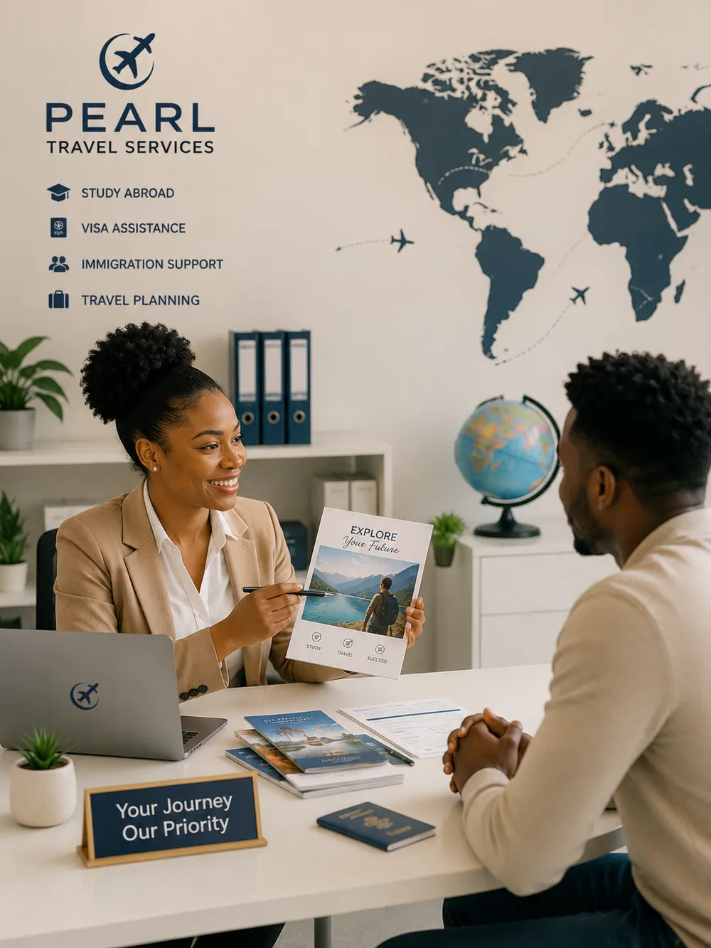 Pearl Travel Services consultant advising a client
