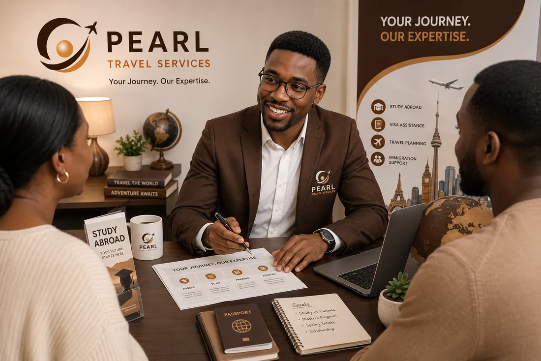 A Pearl Travel Services consultant talking a client through their study abroad options
